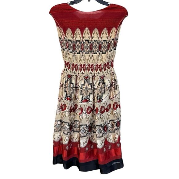 Sophie Max | Rust Cream Micropleat Smocked Bodice Cap Sleeve Midi Dress M - Picture 3 of 7